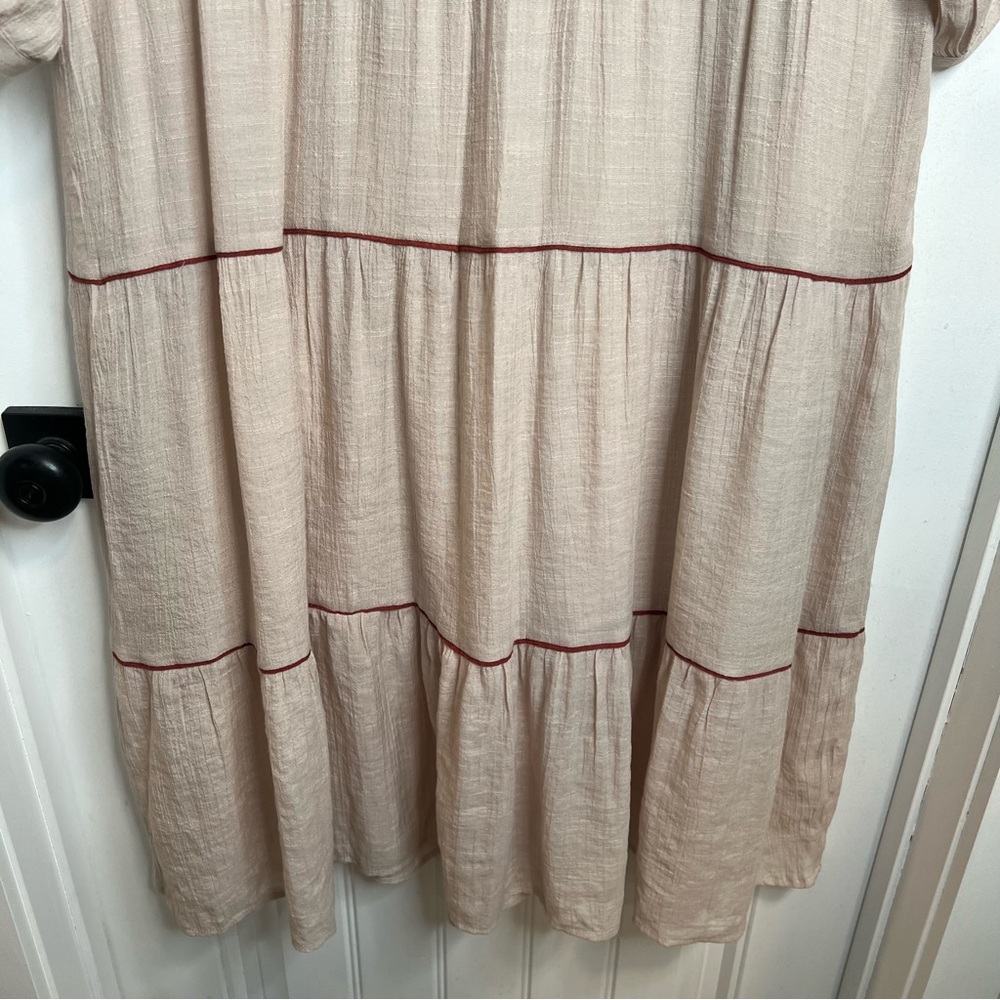 Fig + Flower‎ Tan Midi Dress with Burgundy Pink Embroidery. Size Large. - Picture 10 of 16
